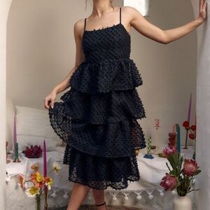 Lulus Flirting With You Black Tiered Pom Pom Midi Dress - Size S